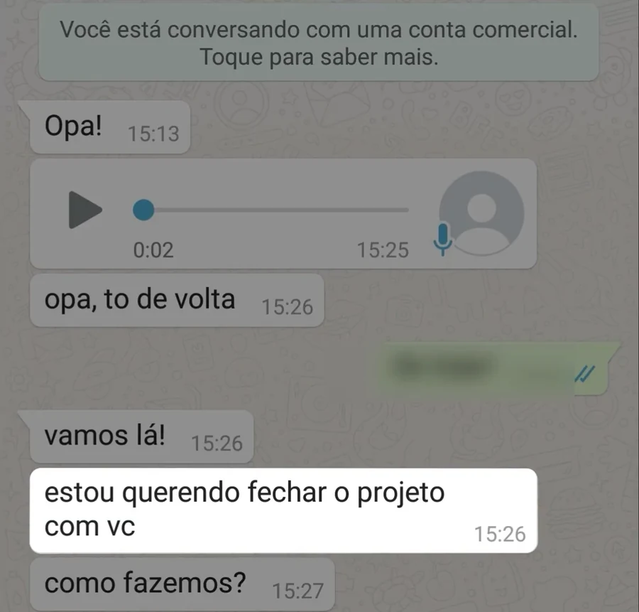 Print real de conversa no WhatsApp com cliente