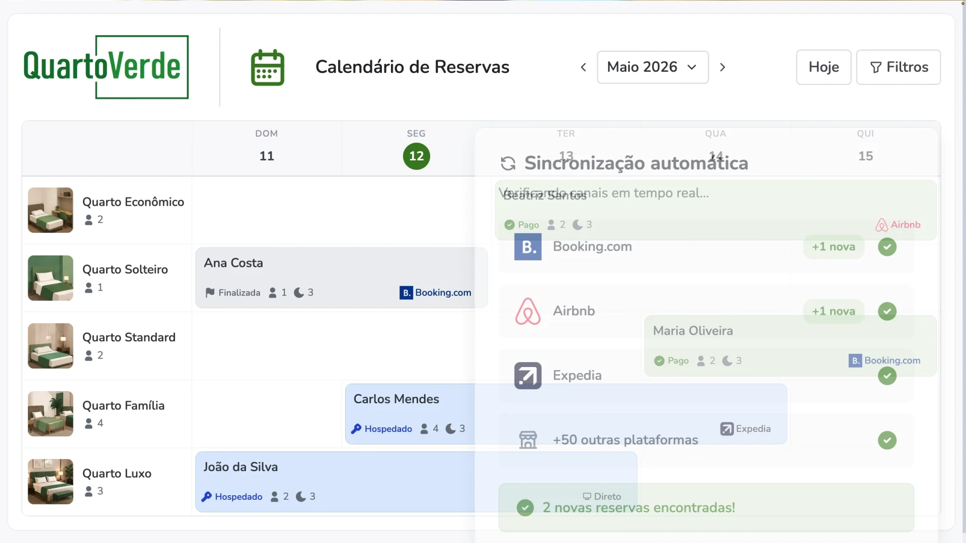 Quarto Verde · Demonstração de Software de Gestão Hoteleira: Fluxos e Telas Interativas